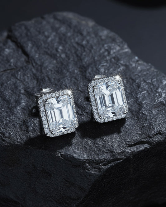 rectangular CZ emerald cut in halo setting stud earring.