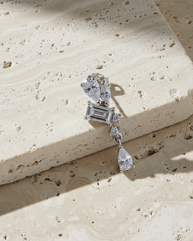 Asymmetric Multi-Shape CZ Drop stud Earring.
