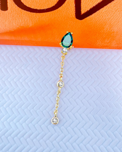 CZ emerald color pear shape stud earring with dngling chain and two white CZ in bezel setting.