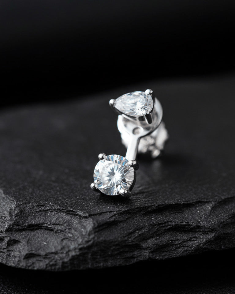 Pear and round shape CZ back to front stud earring.