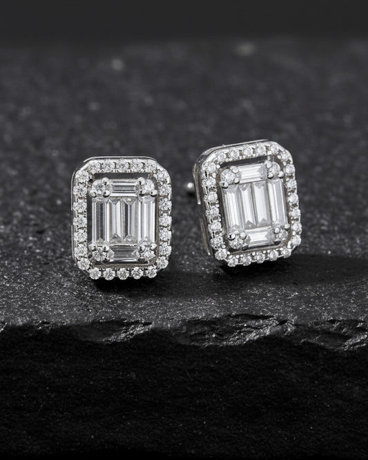 rectangular baguette and round stones stud earring