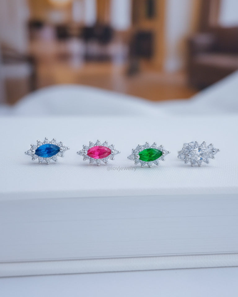 colored marquise shape CZ in halo setting stud earring.