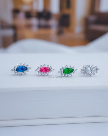 colored marquise shape CZ in halo setting stud earring.