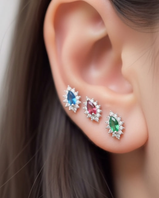 colored marquise shape CZ in halo setting stud earring.