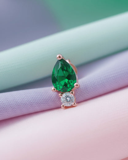 emerald color CZ pear shape and round clear color stud earring.