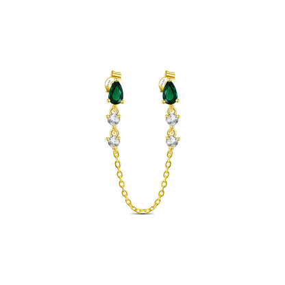 emerald color CZ double stud chain-linked earrings.