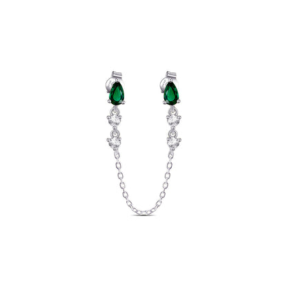 emerald color CZ double stud chain-linked earrings.