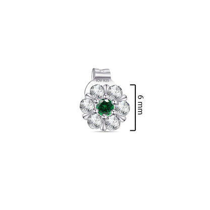 6mm flower shape stud earring with CZ in a cluster setting with emerald color centre stone.