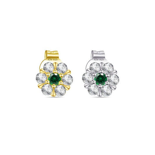 6mm flower shape stud earring with CZ in a cluster setting with emerald color centre stone.