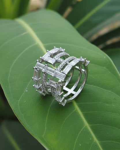 multi lines of baguette and round shape CZ fashion ring.