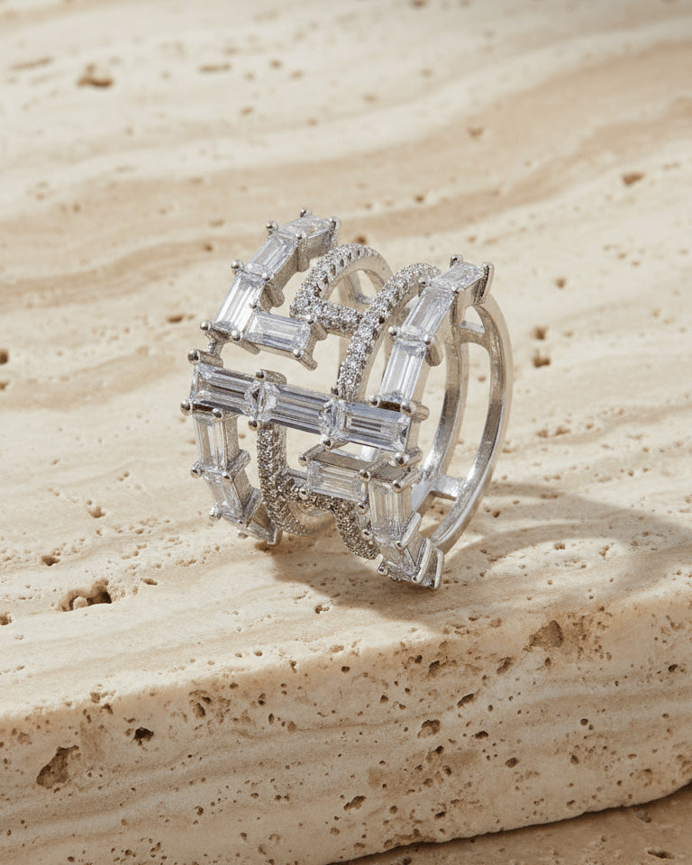multi lines of baguette and round shape CZ fashion ring.