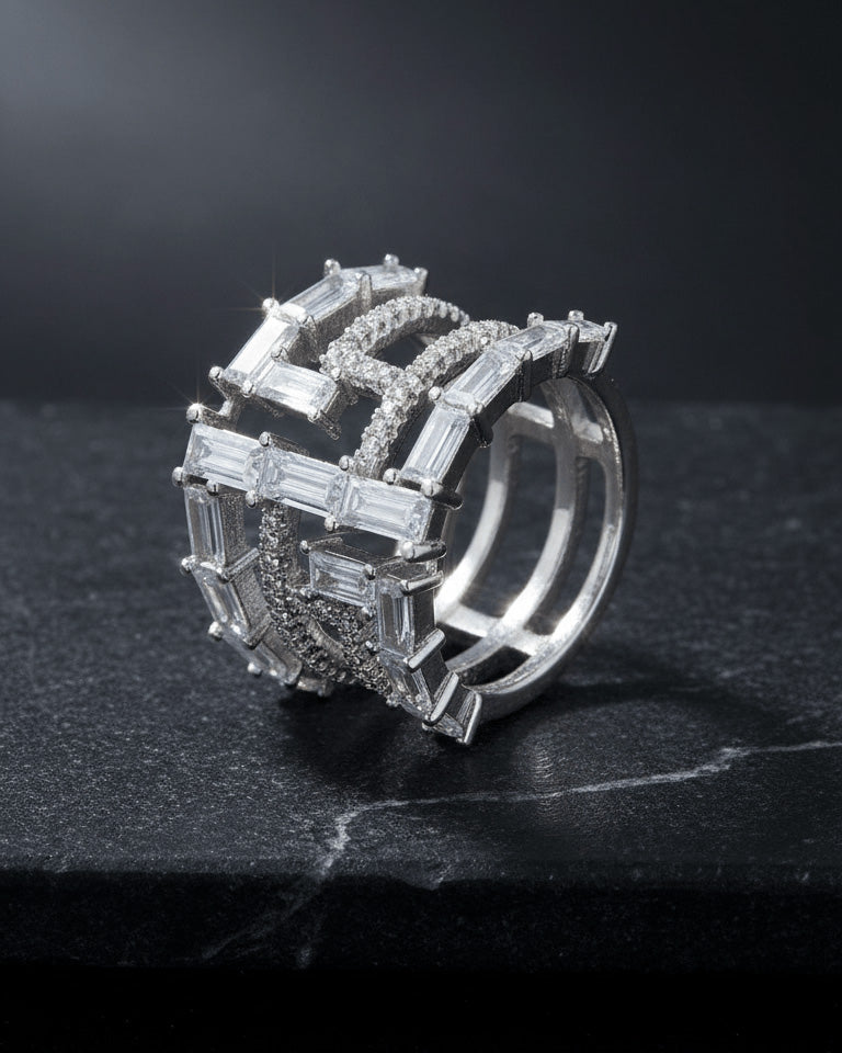 multi lines of baguette and round shape CZ fashion ring.