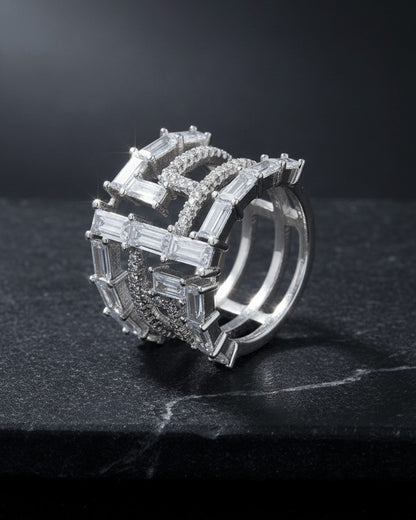 multi lines of baguette and round shape CZ fashion ring.