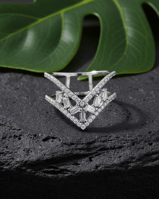 V shape ring of round and baguette CZ.