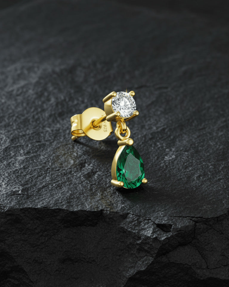 round stone stud earring with dangling emerald color pear shape stone.