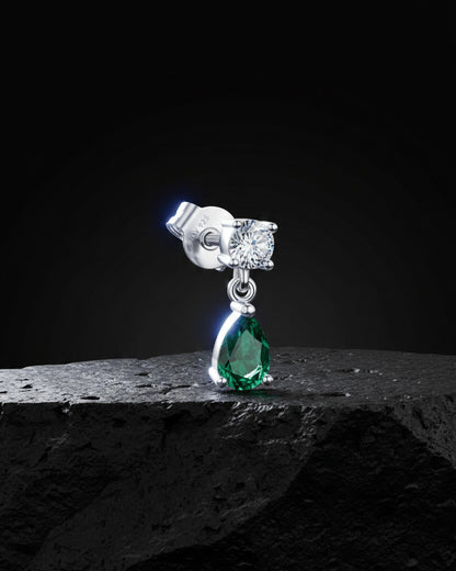 round stone stud earring with dangling emerald color pear shape stone.
