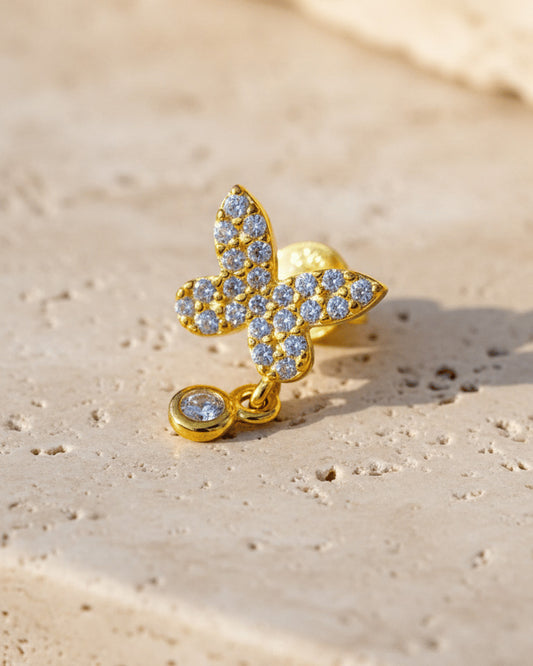 butterfly stud earring with dangling bezel setting stone.