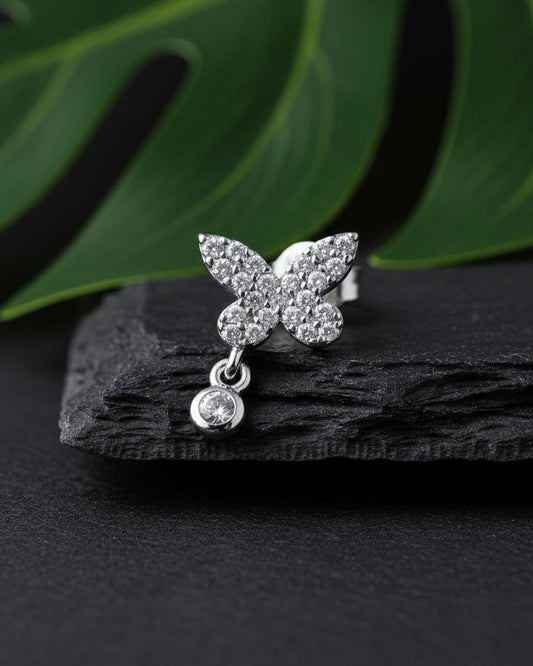 butterfly stud earring with dangling bezel setting stone.