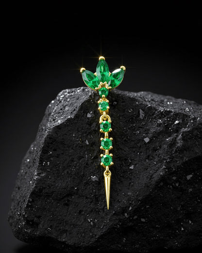 lotus shape stud earring with dangling line of emerald color stones.