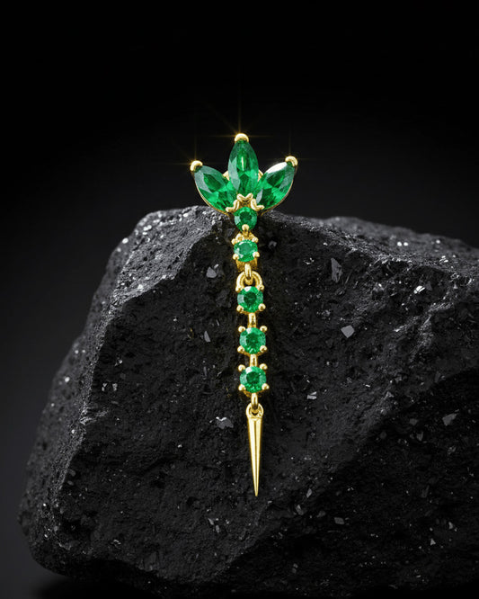 lotus shape stud earring with dangling line of emerald color stones.