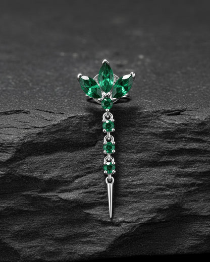 lotus shape stud earring with dangling line of emerald color stones.