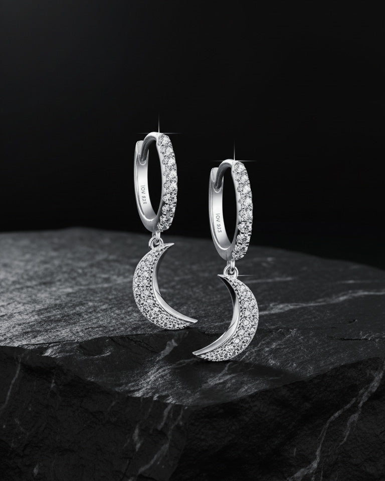 CZ hoops earrings with dangling crescent shape.