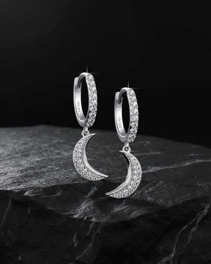 CZ hoops earrings with dangling crescent shape.