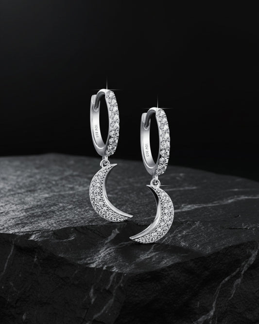 CZ hoops earrings with dangling crescent shape.