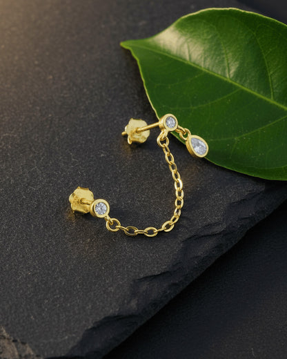Double Piercing Chain Earring with Pear CZ Drop