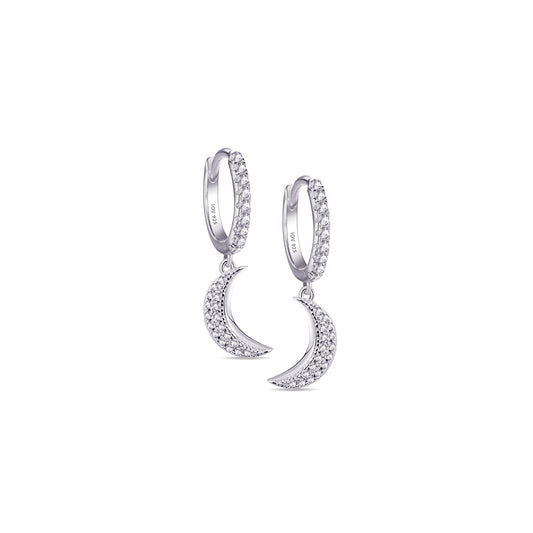 CZ hoops earrings with dangling crescent shape.