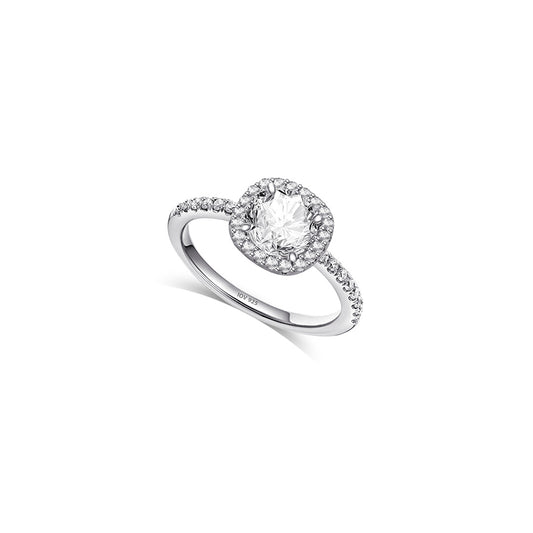 solitaire round stone ring with square halo setting.