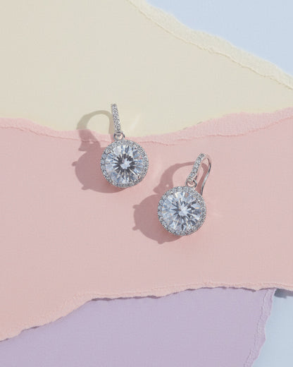 hook earring of round CZ stone in halo setting.