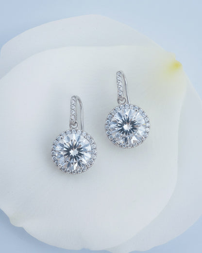 hook earring of round CZ stone in halo setting.