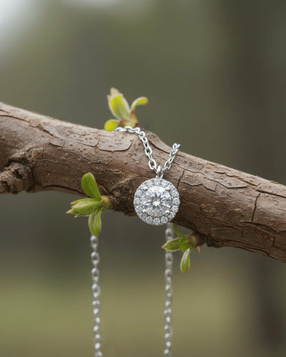 round stone CZ in halo setting necklace.