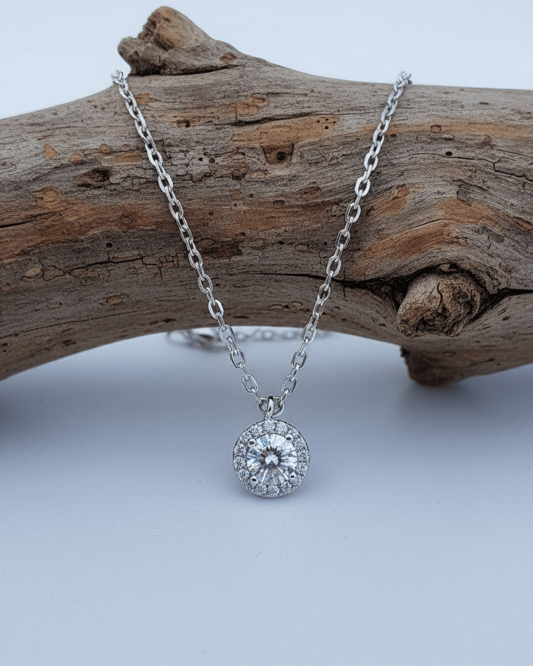 round stone CZ in halo setting necklace.
