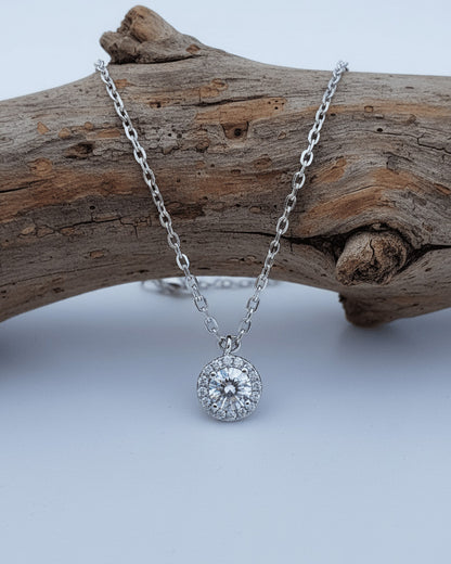 round stone CZ in halo setting necklace.