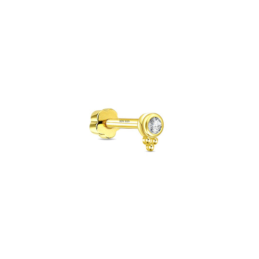 CZ white stone in a bezel setting with three small balls.