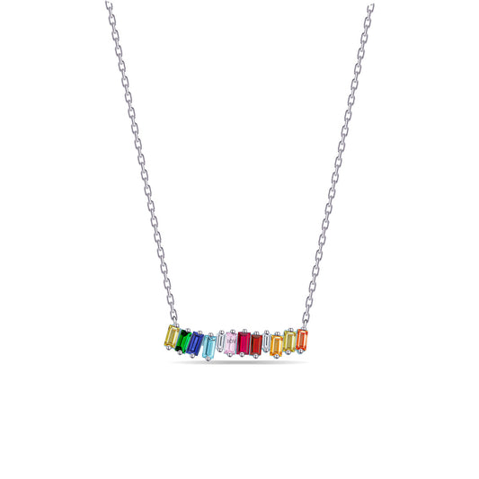 Rainbow baguette stones bar necklace.