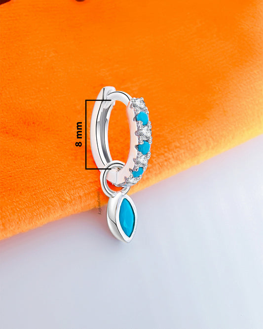 white CZ and turquoise stones huggie hoop with removable dangling marquise shape turquoise stone.