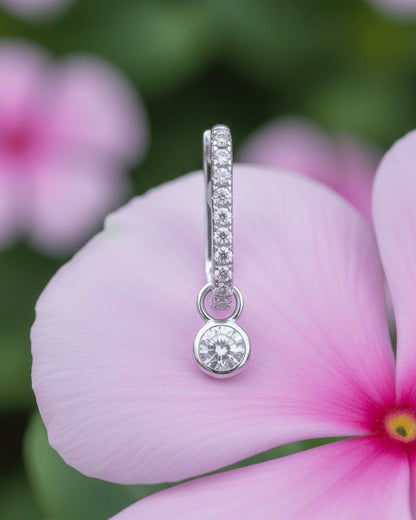 rectangular CZ hoop with detachable round stone in bezel setting earring.