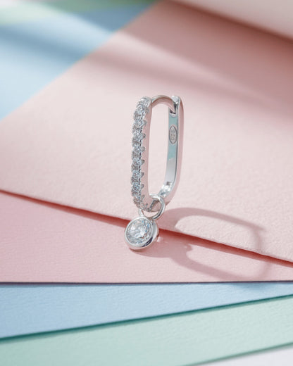 rectangular CZ hoop with detachable round stone in bezel setting earring.