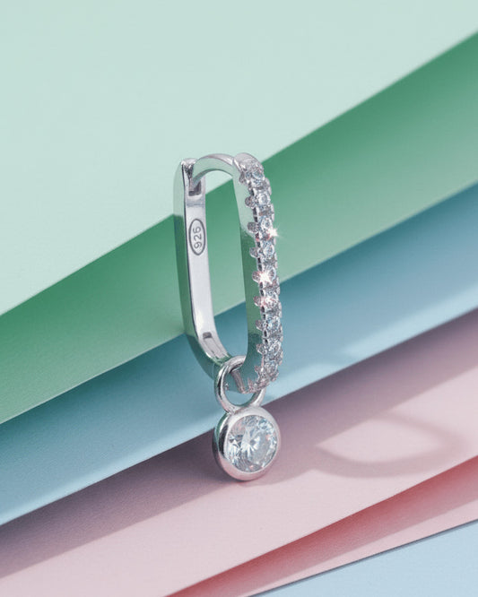 rectangular CZ hoop with detachable round stone in bezel setting earring.