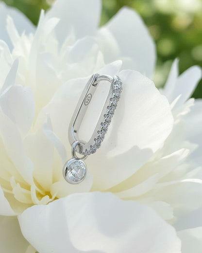 rectangular CZ hoop with detachable round stone in bezel setting earring.