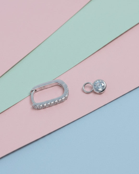 rectangular CZ hoop with detachable round stone in bezel setting earring.