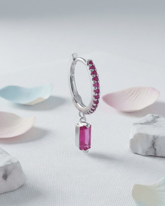 9 mm fuchsia color stones huggie hoop with dangling baguette shape.