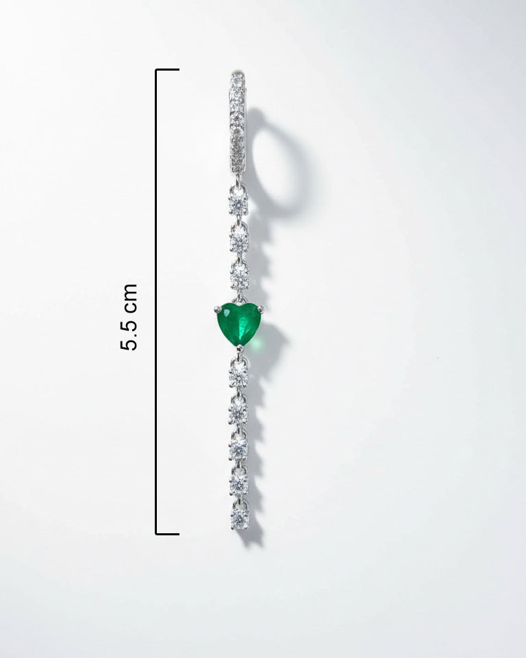 CZ huggie hoop with dangling line of CZ and emerald color heart shape.