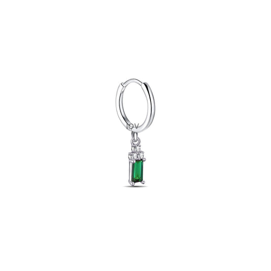 plain silver hoop with dangling emerald cut green stone.
