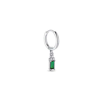 plain silver hoop with dangling emerald cut green stone.