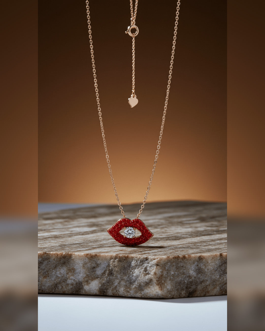 Red lips rosegold necklace.