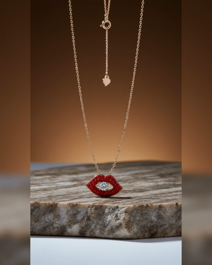 Red lips rosegold necklace.